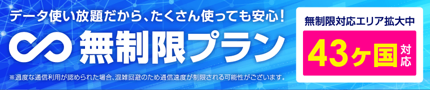 無制限プラン対応エリア拡大中！44ヶ国対応！